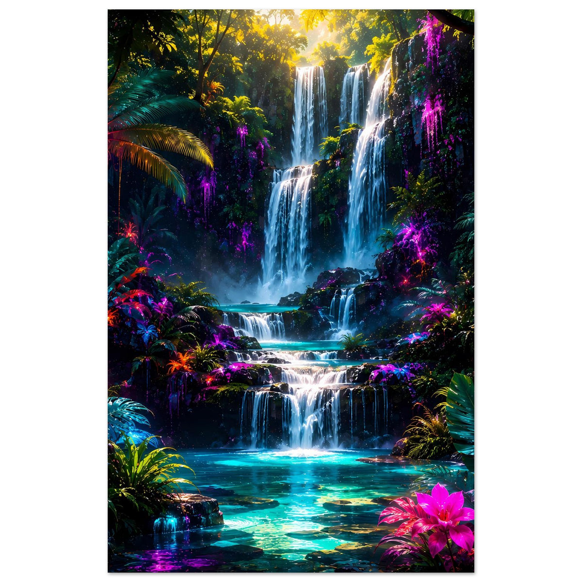 Hochkant-Poster mit mittigem Wasserfall, bunten Pflanzen und leuchtenden pink-violetten Lichteffekten