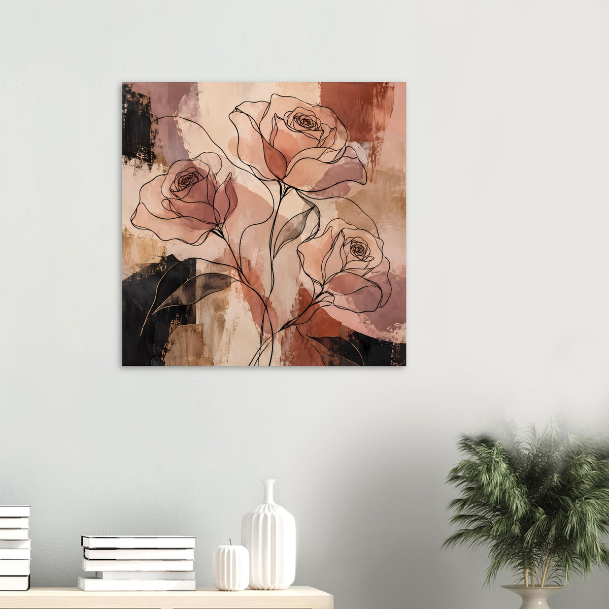 Abstraktes Rosenlinienkunst-Poster mit vier Rosen, Terrakotta- und Erdtönen