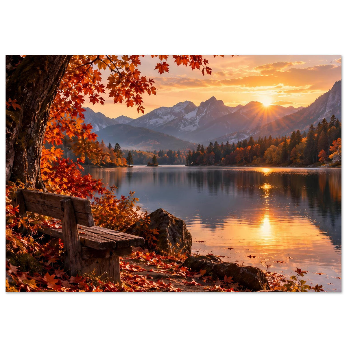 Herbst-Landschaftsposter querformat: See, Berge, Sonnenuntergang und rote Ahornblätter