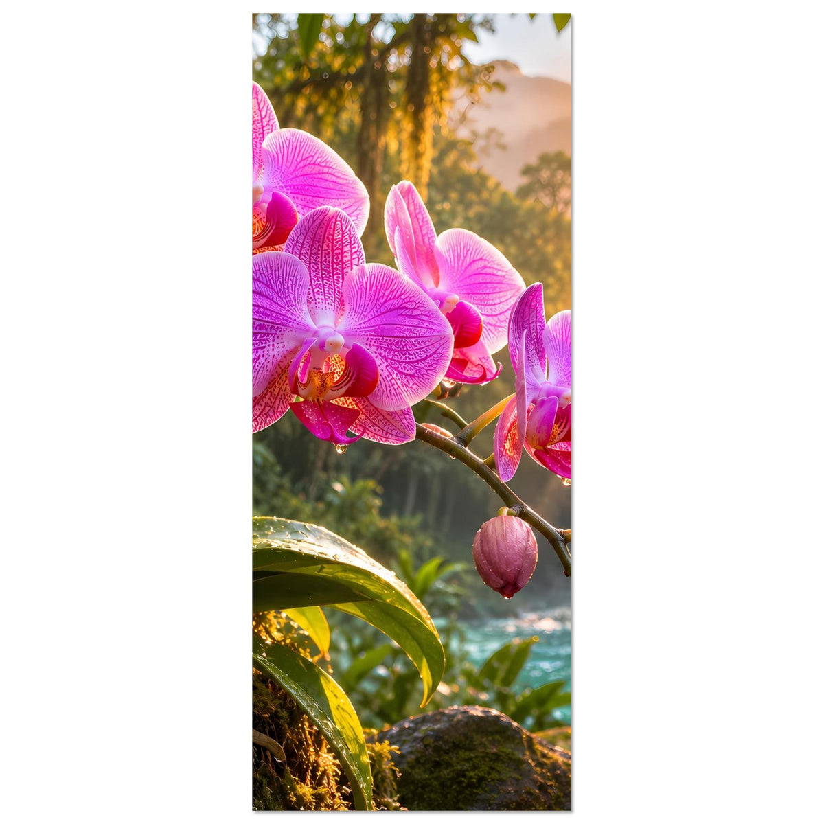 Vertikales Poster im Ausschnitt: pinke Orchideenblüten am Ast