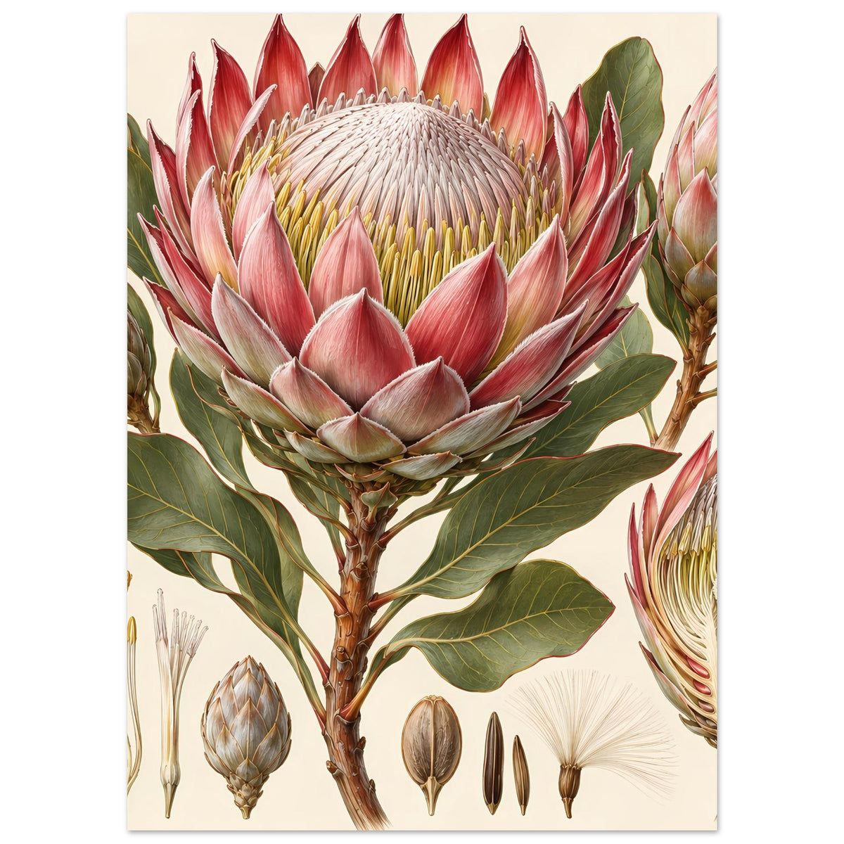 Poster mit Protea-Blütenkopf, roten Knospen und Blättern, seitliche Detailblüten, matt