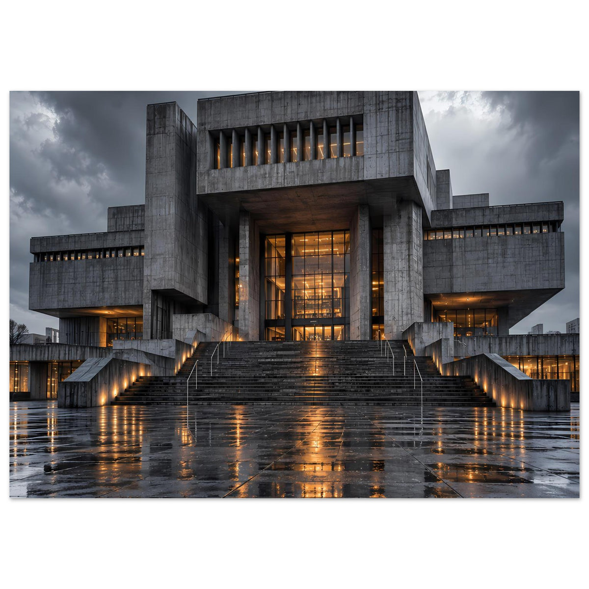 Architekturposter: Vorderansicht eines Betonkomplexes mit Treppenweg und warmem Licht