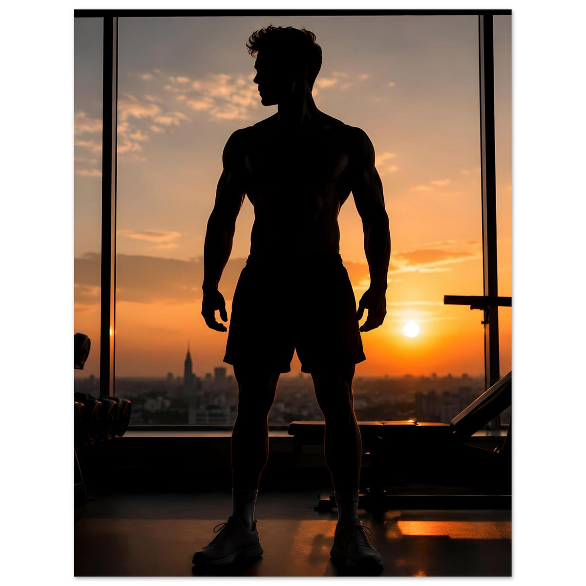 Fitness-Poster mit dunkler Sportler-Silhouette, seitliche Ganzkörperansicht mit heller Abendsonne.