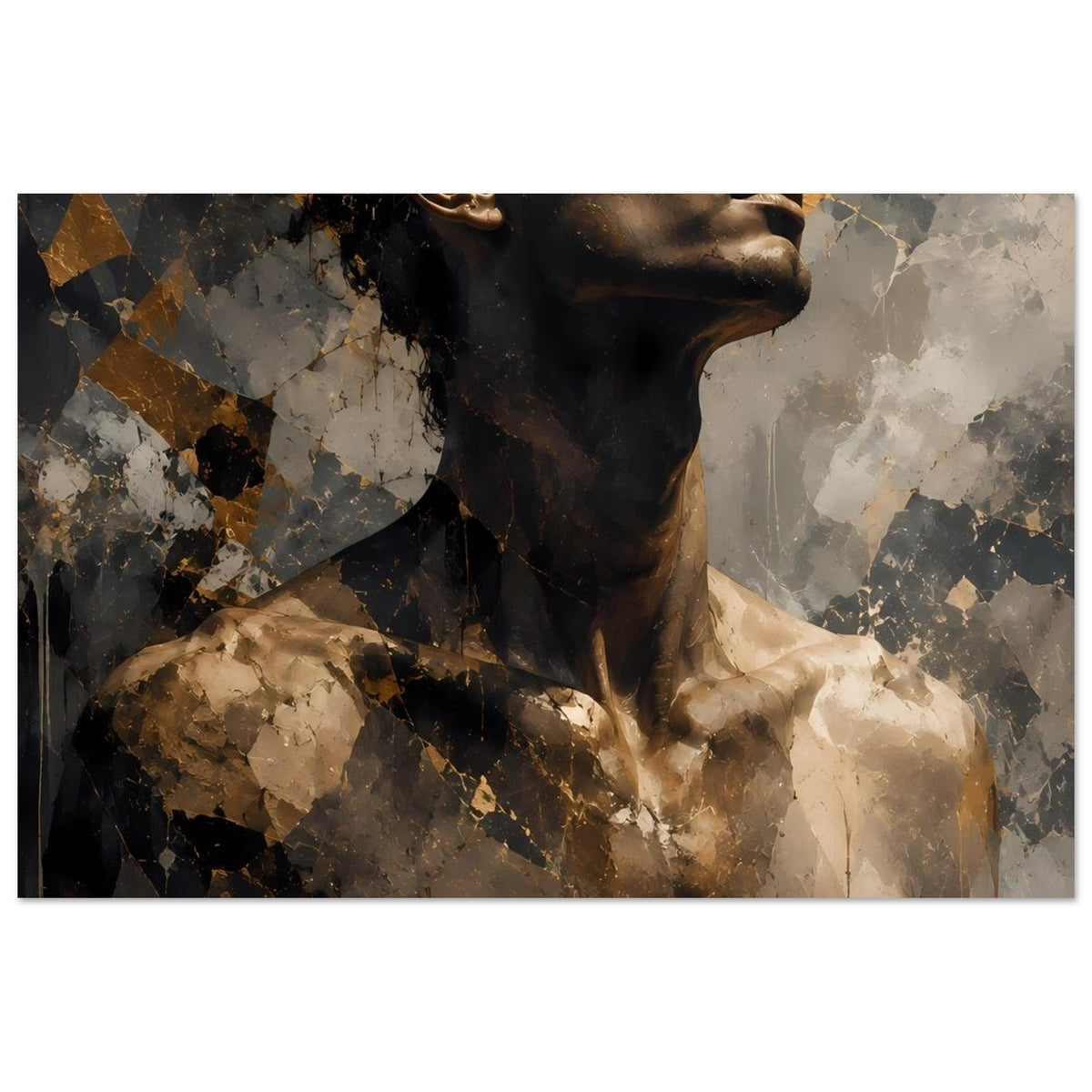 Kunstposter mit abstraktem Männerporträt, schwarze und goldene Sprenkel, Oberkörper
