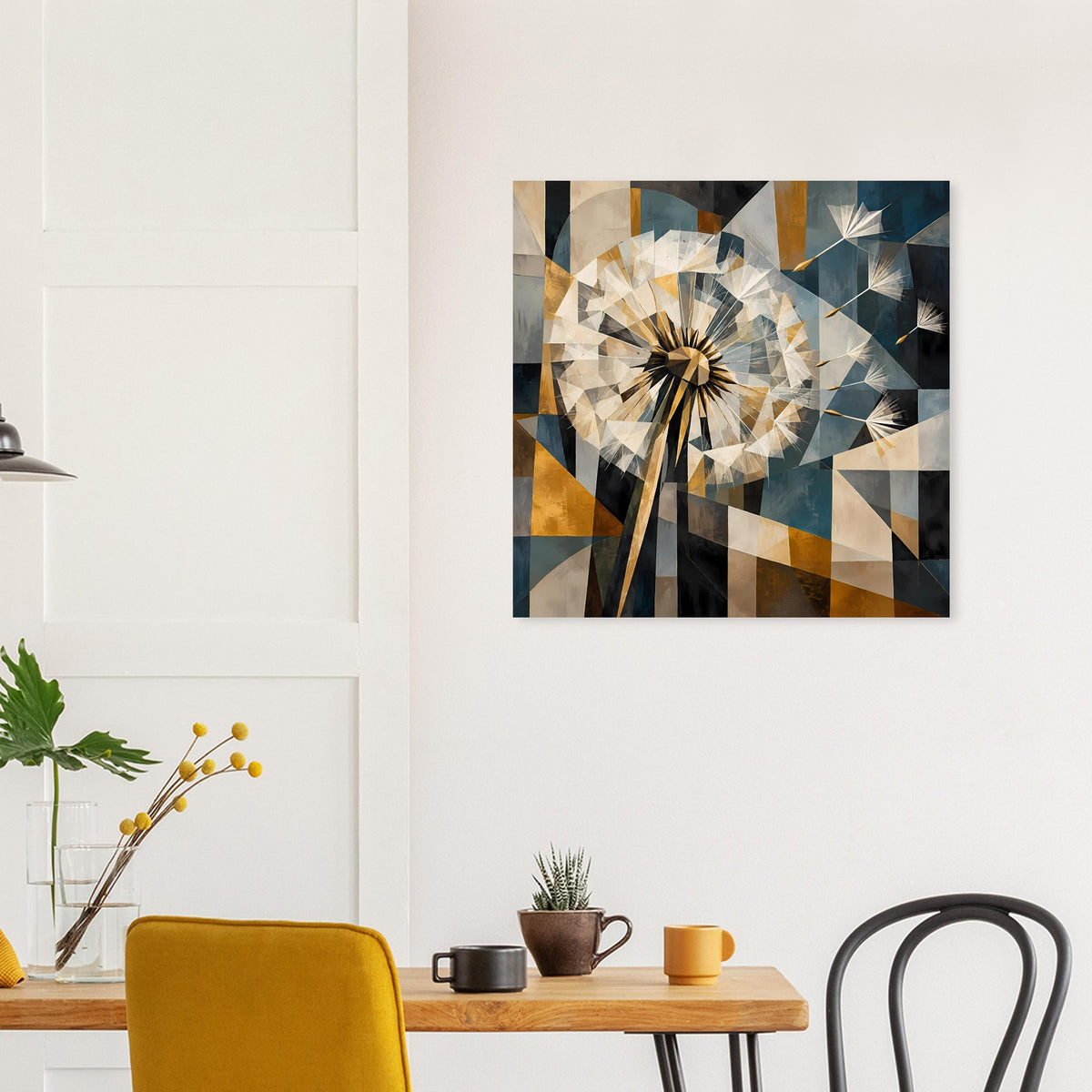 Geometrischer Löwenzahn aus Dreiecken mit radialem Muster in Beige, Blau, Braun und Gold