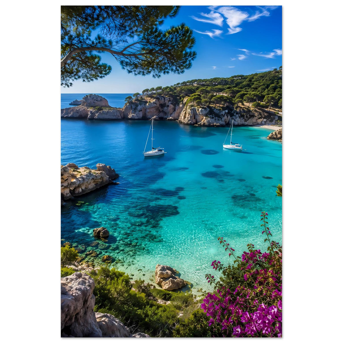 Küstenposter: türkisblaues Meer, Segelboote, felsige Bucht, üppiges Grün und pinke Blüten.