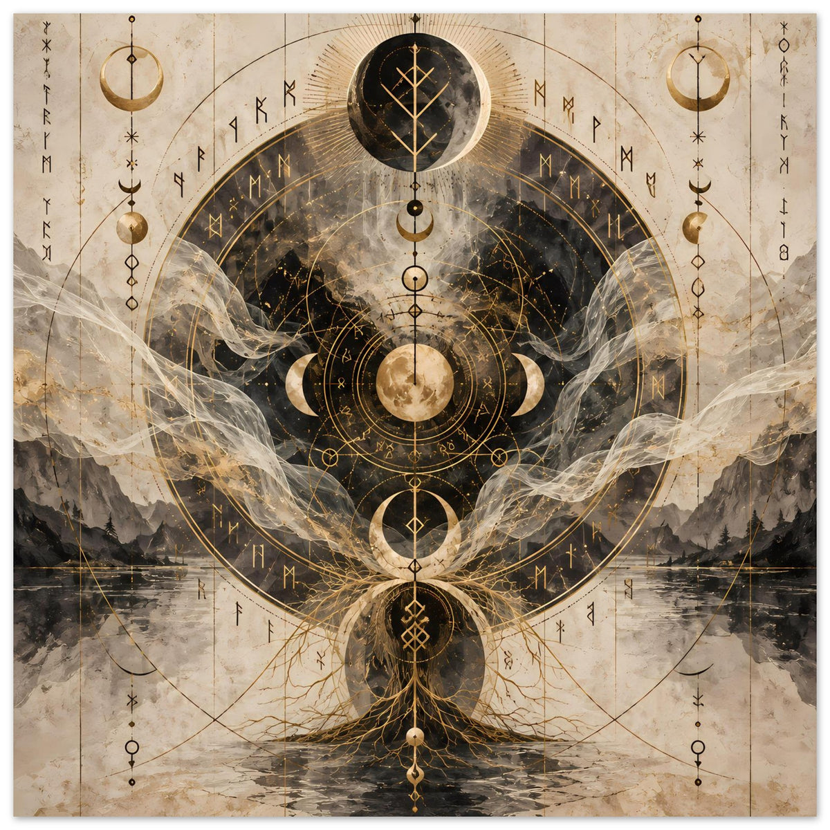 Wandposter im Querformat mit Mondphasen, goldenen Akzenten und Hängeösen an den Ecken