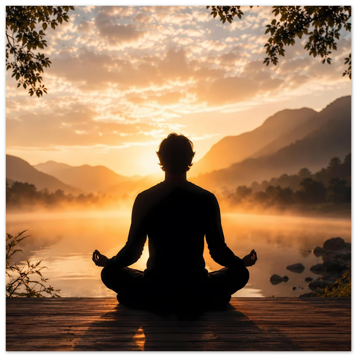 Zen-Meditationsposter: Ruhige Lotussitz-Silhouette, goldenes Licht und Abenddunst am See.