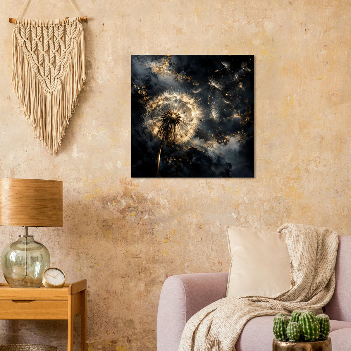Quadratisches Poster mit schwarzem Rahmen: goldene Pusteblume vor dunklem Wolkenhimmel