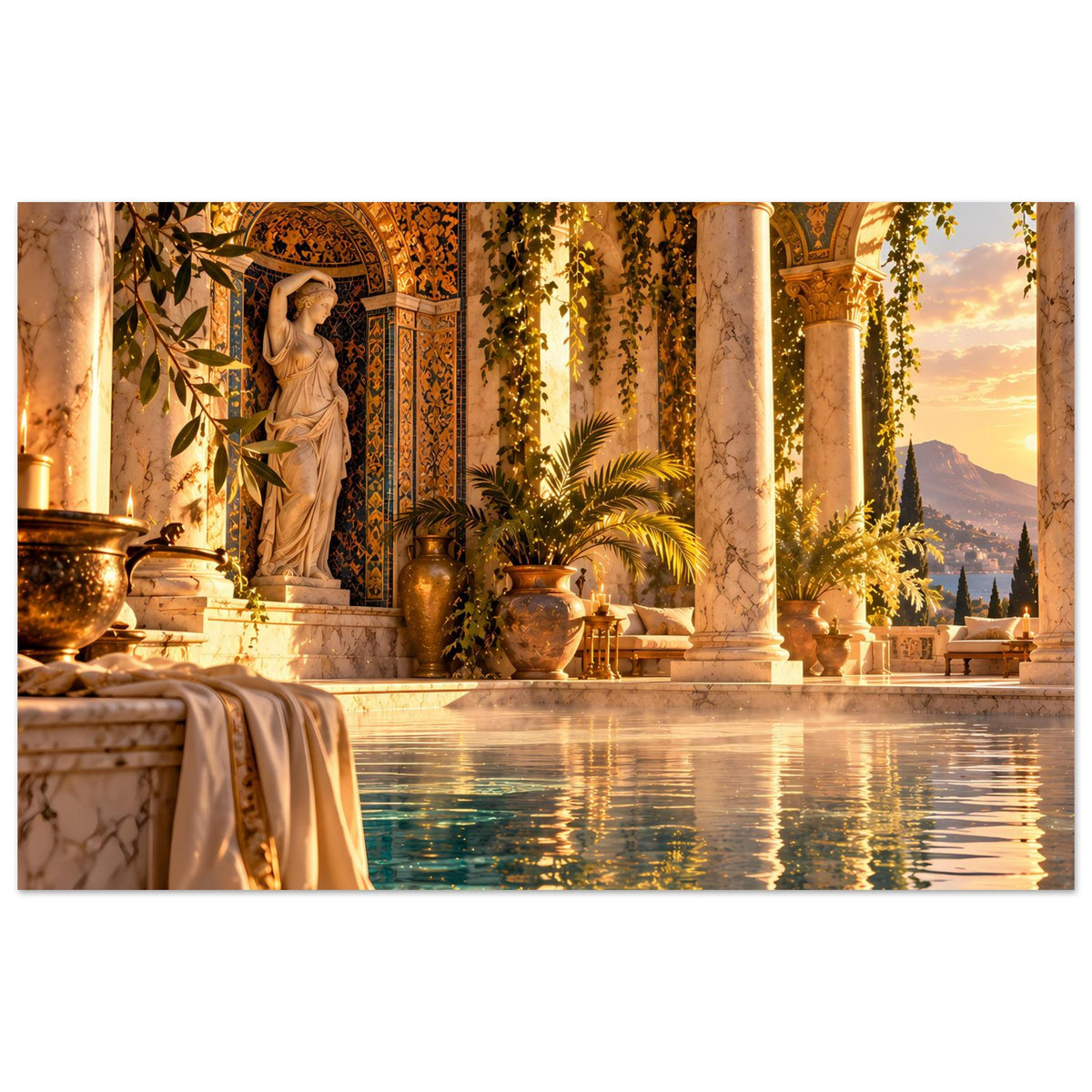 Pool-Poster mit goldenen Säulen, Statue in Nische und spiegelndem Wasser im Vordergrund