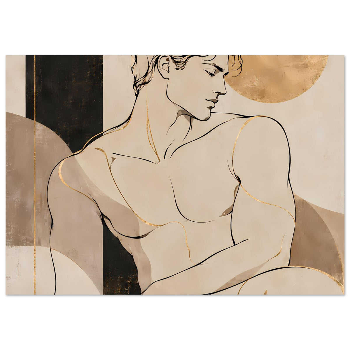 Querformat-Kunstposter mit Aktfigur im Profil, cremefarbene Linien, goldener Halbkreis oben