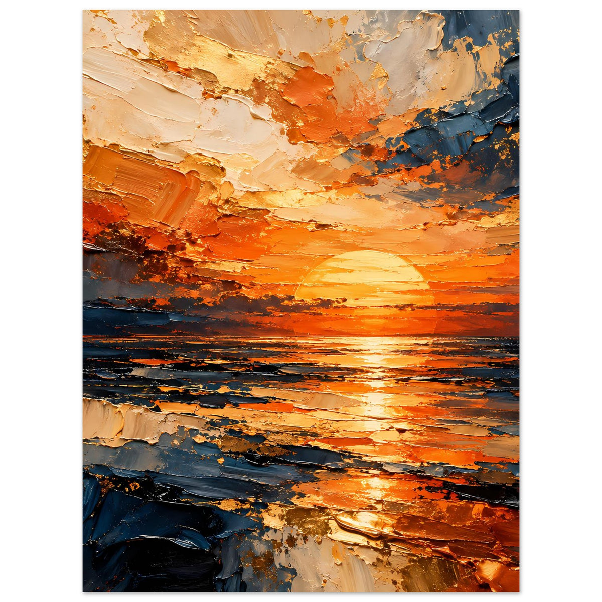 Poster im Hochformat: abstrakter Sonnenuntergang, orange Reflexe, blaues Meer und beige Schichtung