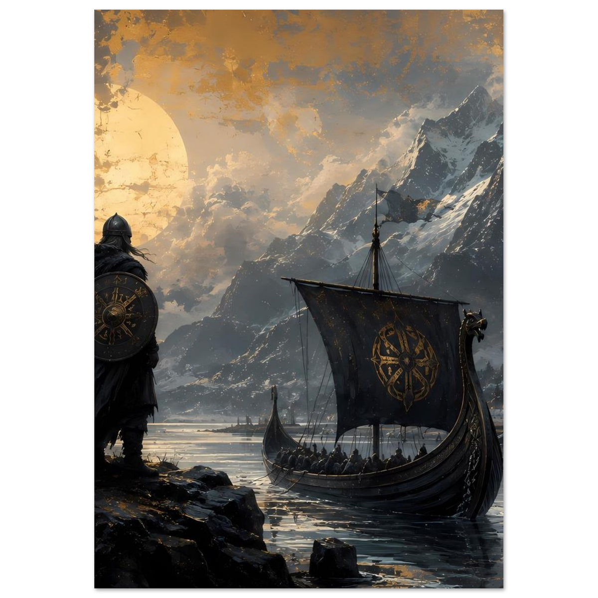 Wikinger-Poster mit Drachenboot rechts und Krieger links auf Fels am Wasser