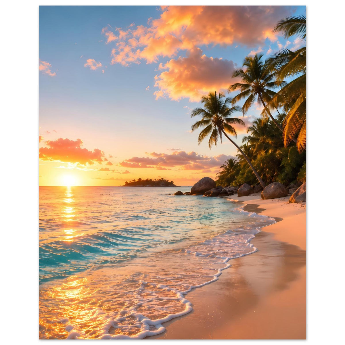 Vertikaler Posterdruck Strand bei Sonnenuntergang mit Palmen und Wellen am Ufer