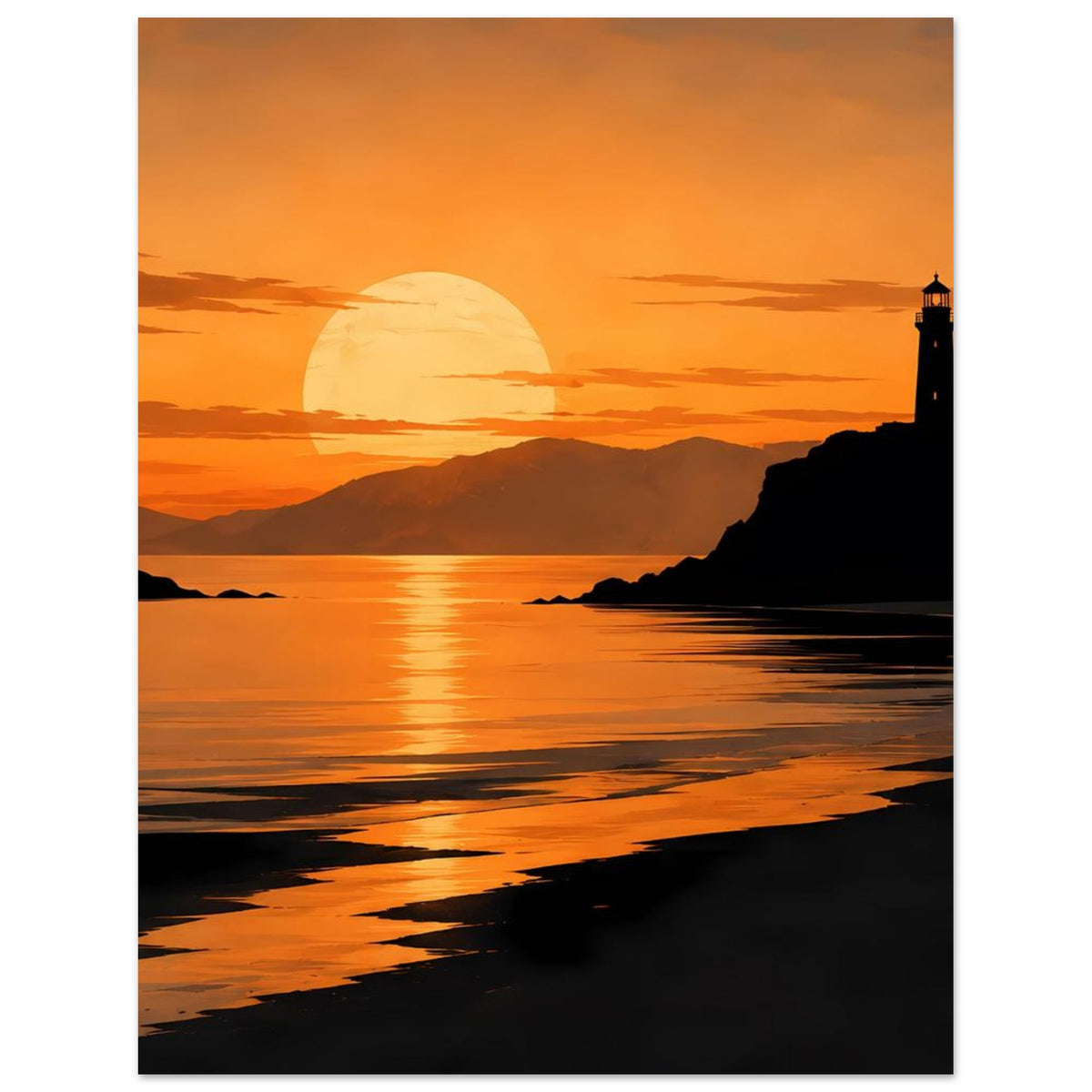 Küstenposter mit Sonnenuntergang am Meer, Leuchtturm an dunkler Felsküste und spiegelndem Wasser