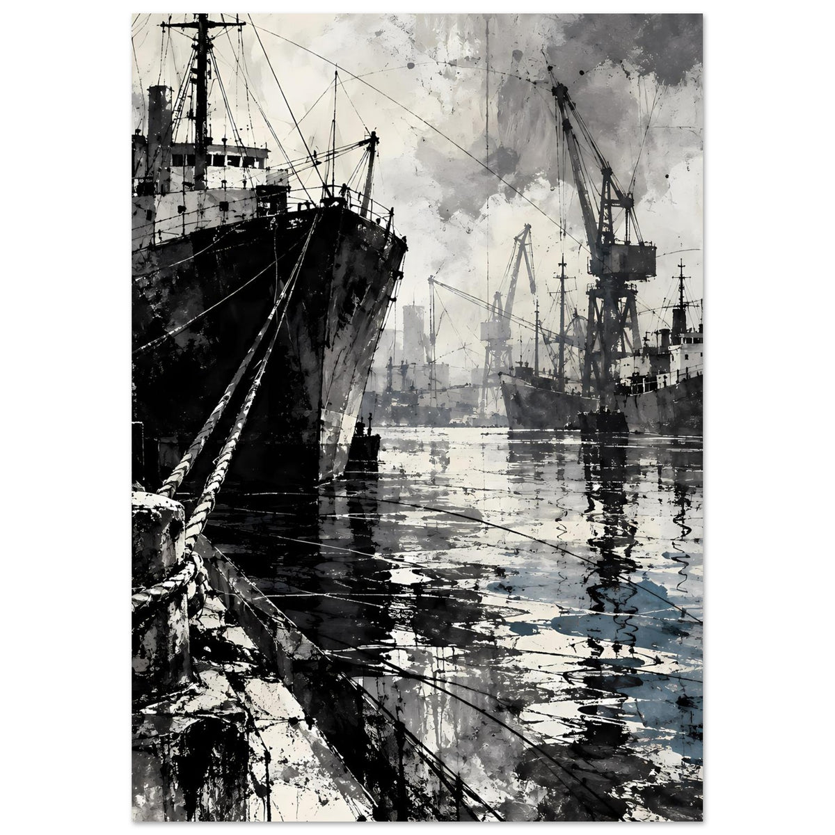 Hafenmotiv-Poster in Schwarz-Weiß mit Schiffen, Kränen und spiegelndem Hafenbecken