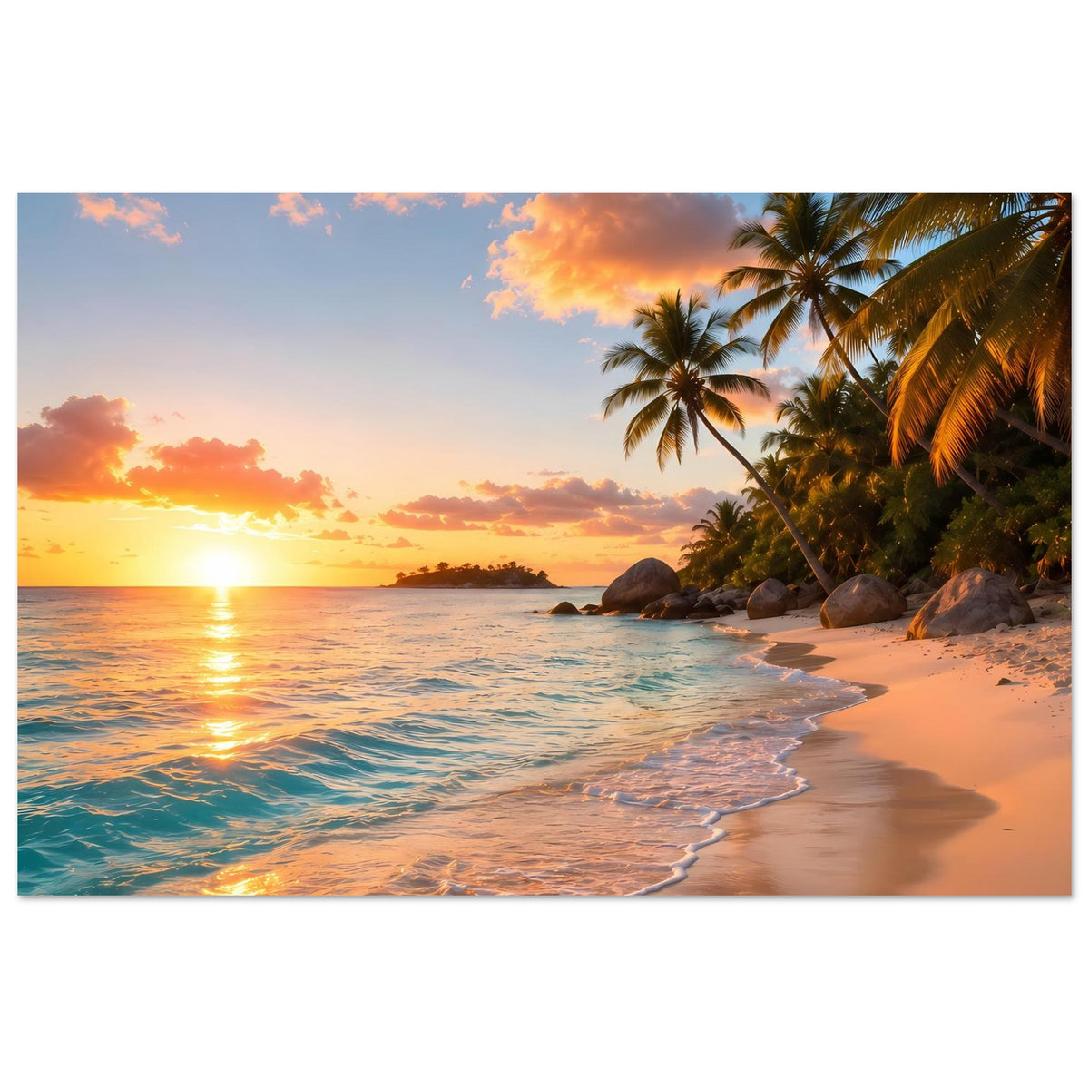 Horizontales Strandposter mit Blick auf Palmen, orangefarbenen Himmel und ruhige Küste