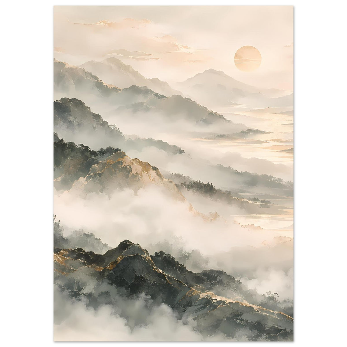 Vertikales Poster: nebelige Berge in Grau-Grün, goldener Himmelskreis über Tälern