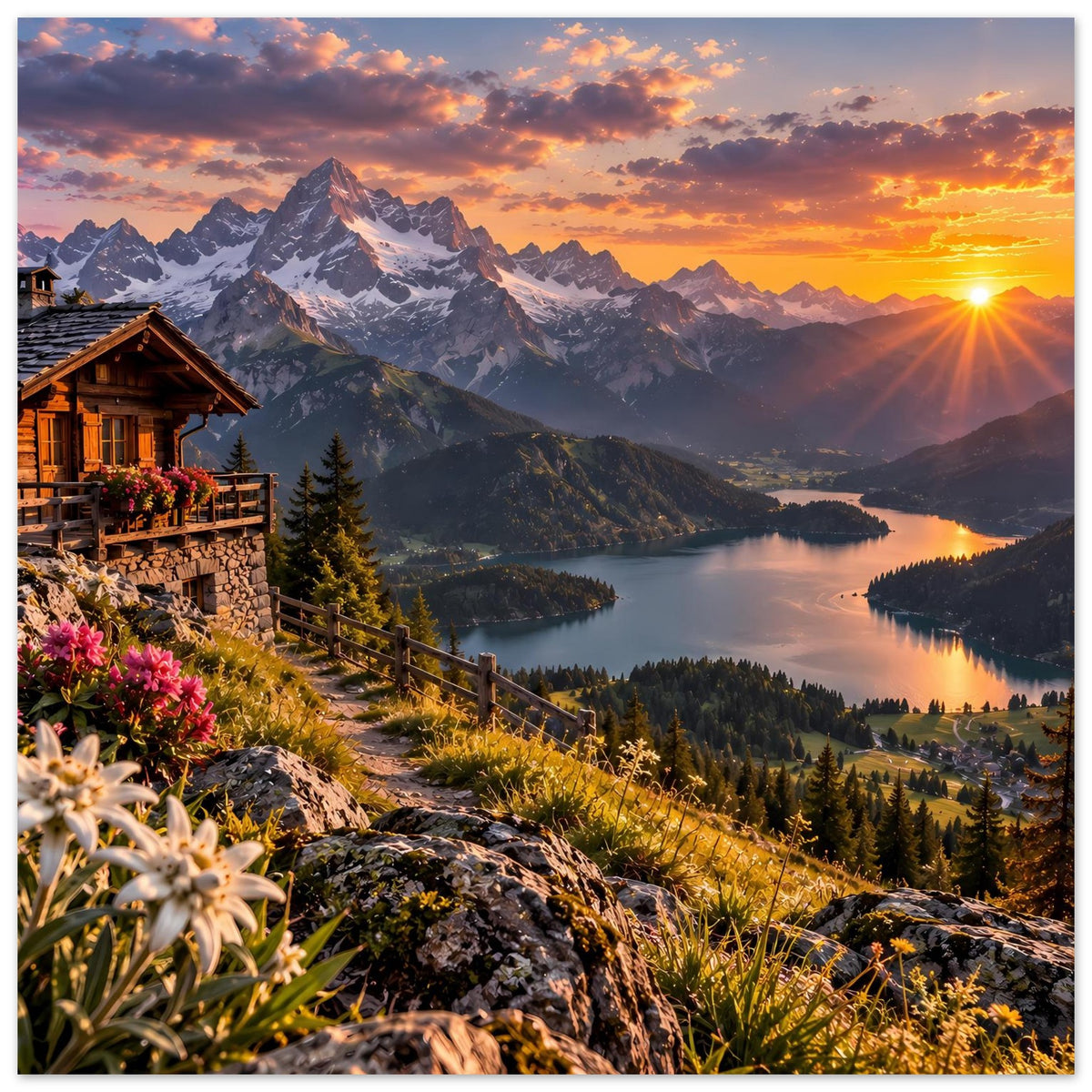 Nahansicht Landschaftsposter: Alpenberge bei Sonnenuntergang, Sonnenstrahlen über dem See.