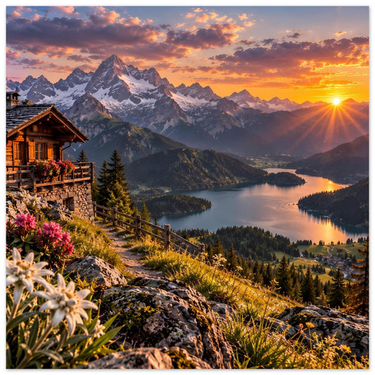 Nahansicht Landschaftsposter: Alpenberge bei Sonnenuntergang, Sonnenstrahlen über dem See.