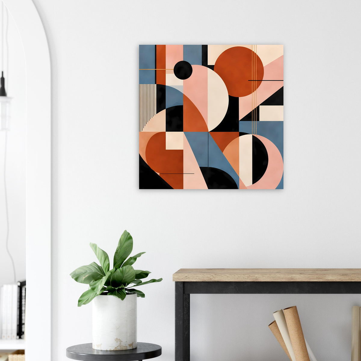 Geometrischer Kunstposter mit abstrakten Formen in Terrakotta, Blau und Blush