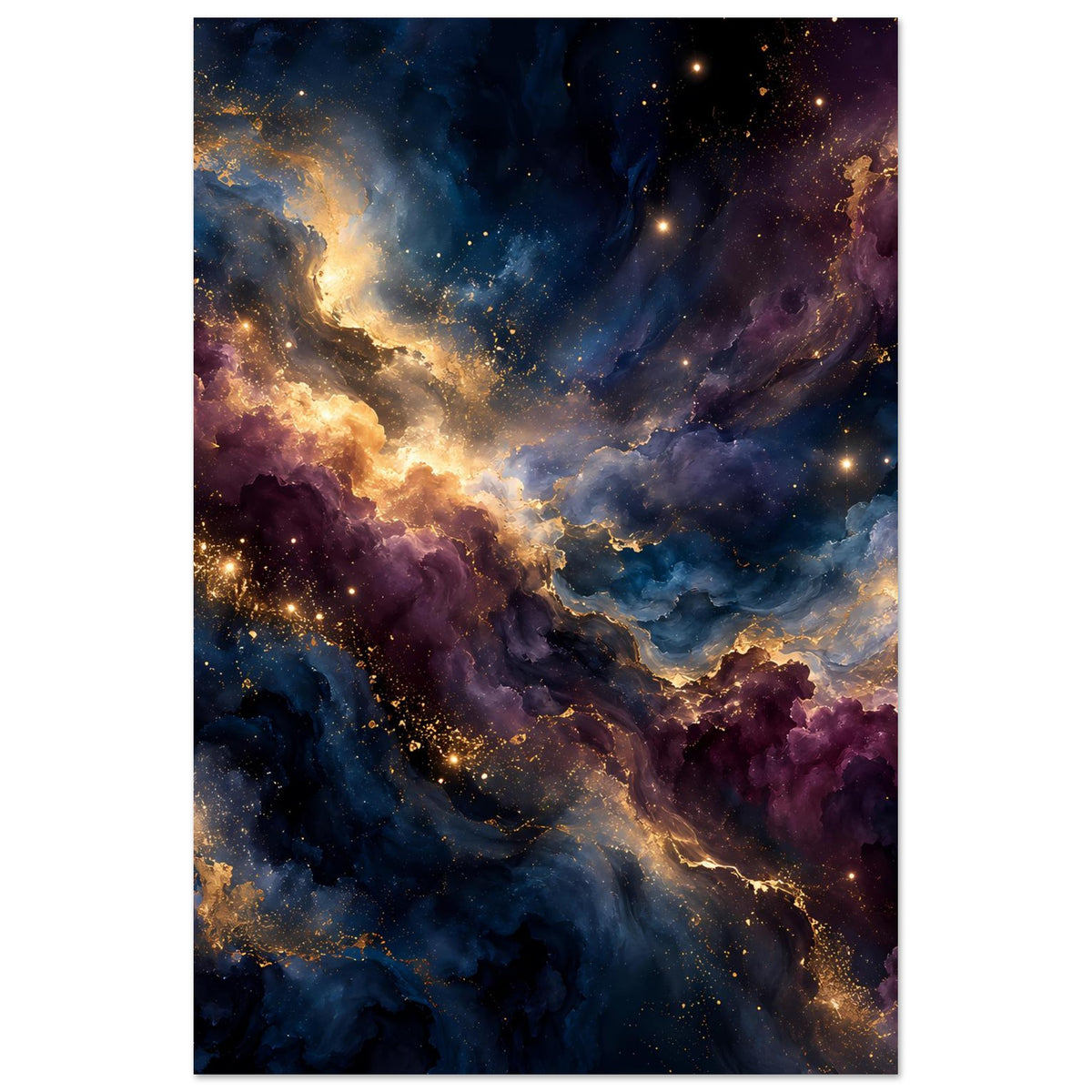 Kunstposter kosmische Galaxie, vertikale Ansicht mit violettem Nebel und leuchtender Lichtspur
