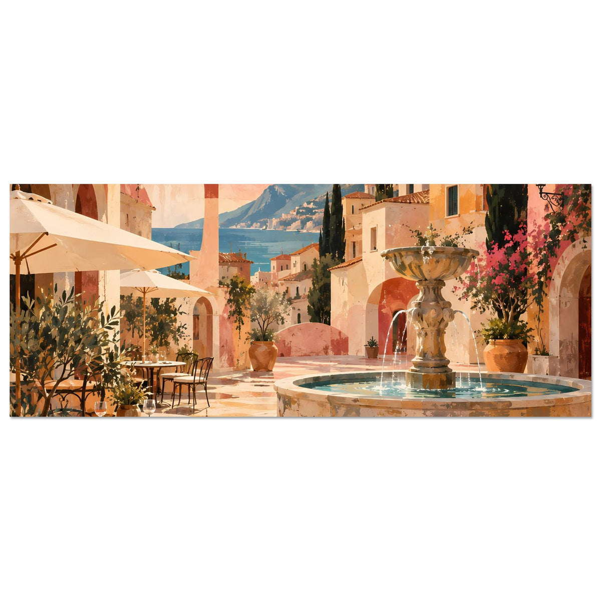 Querformat-Poster mit mediterraner Altstadt, Brunnen und Meerblick