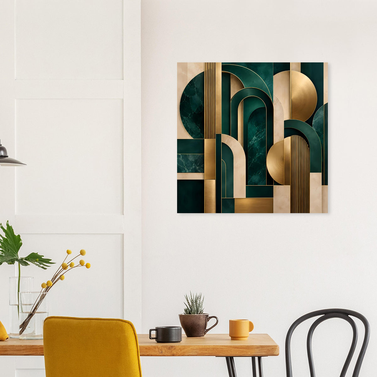 Art-Deco-Wandposter mit goldenen Linien und dunkelgrünen Segmenten