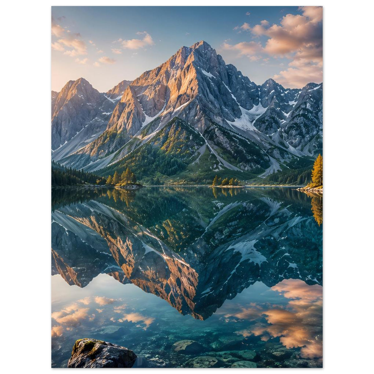 Poster mit Alpenblick und spiegelndem See, türkisblaues Wasser und schneebedeckte Gipfel