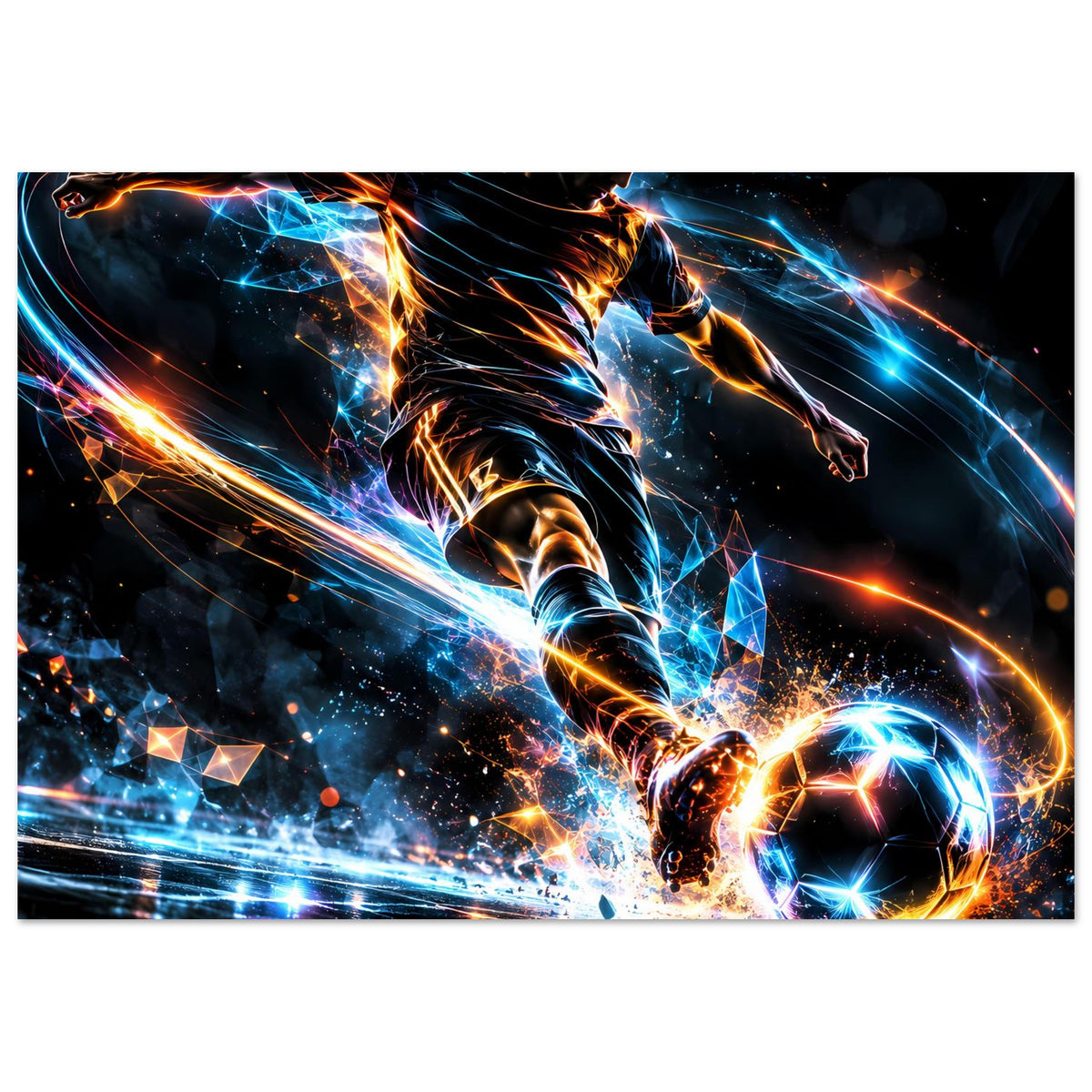Gerahmtes Neon-Fußball-Actionposter, horizontal: Stürmer in Bewegung, leuchtender Ball