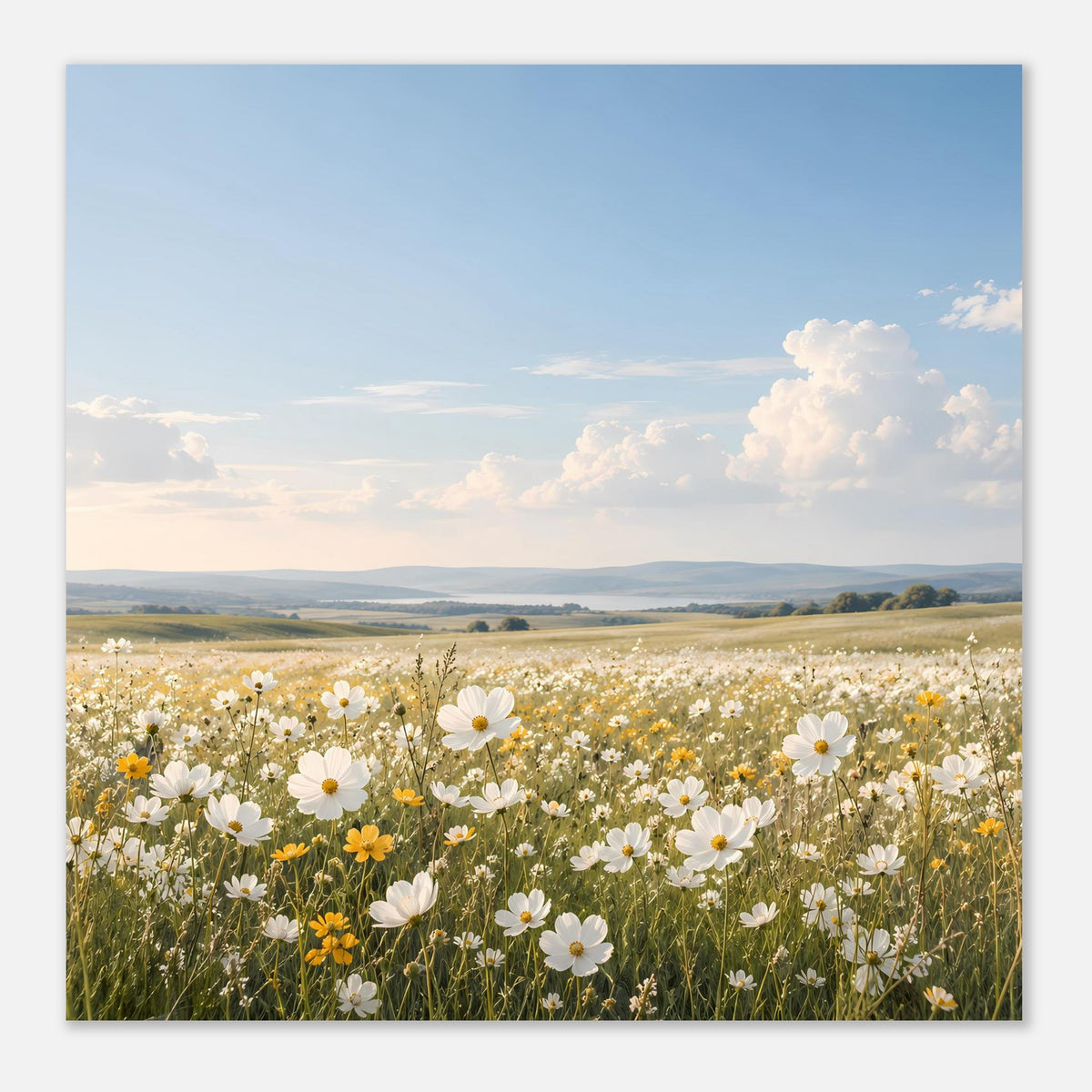 Blumenwiesen-Poster im Quadratformat mit weißen Blumen und Landschaftshorizont