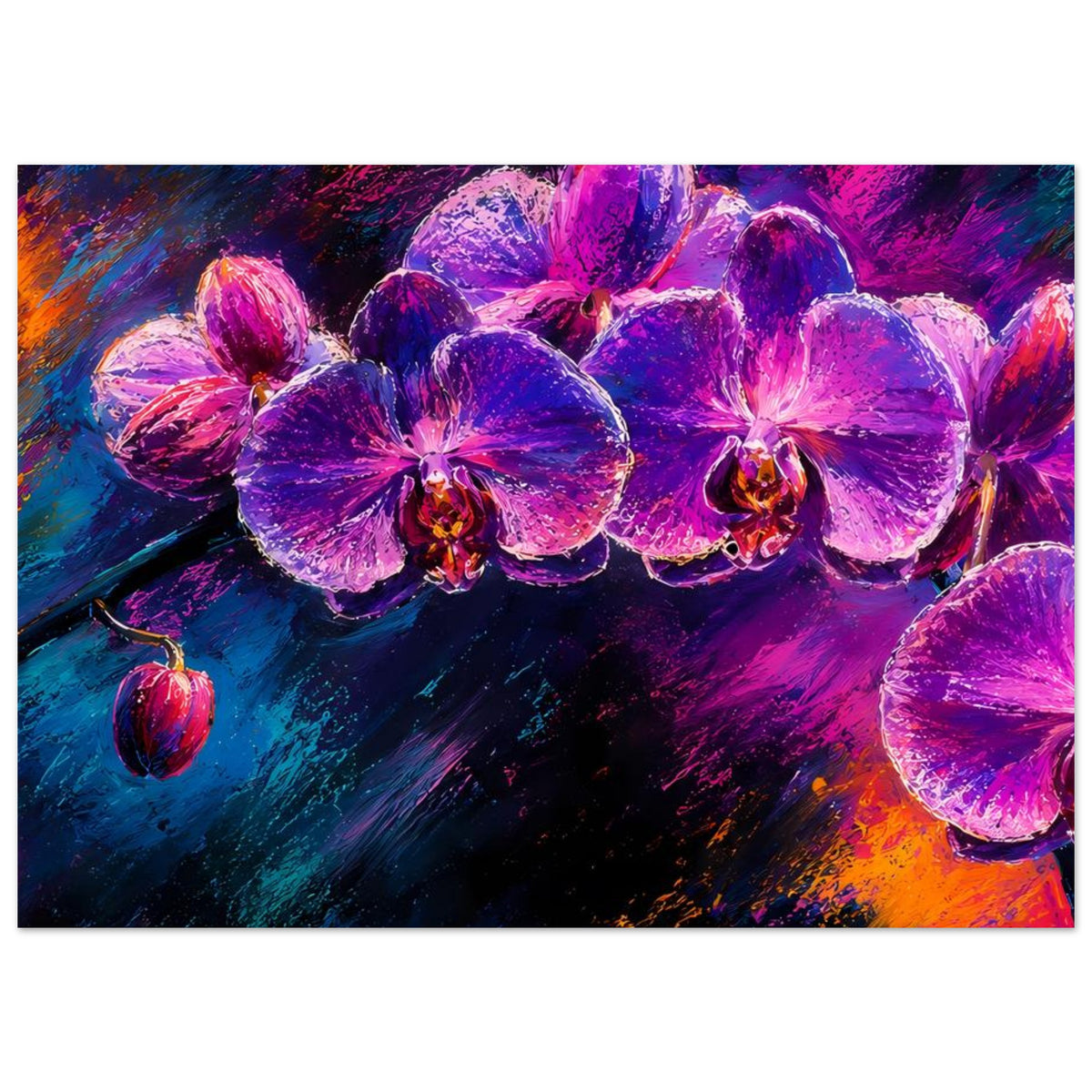Horizontales Blumenposter mit violetten Orchideen, intensiv leuchtende Farbspritzer im Hintergrund