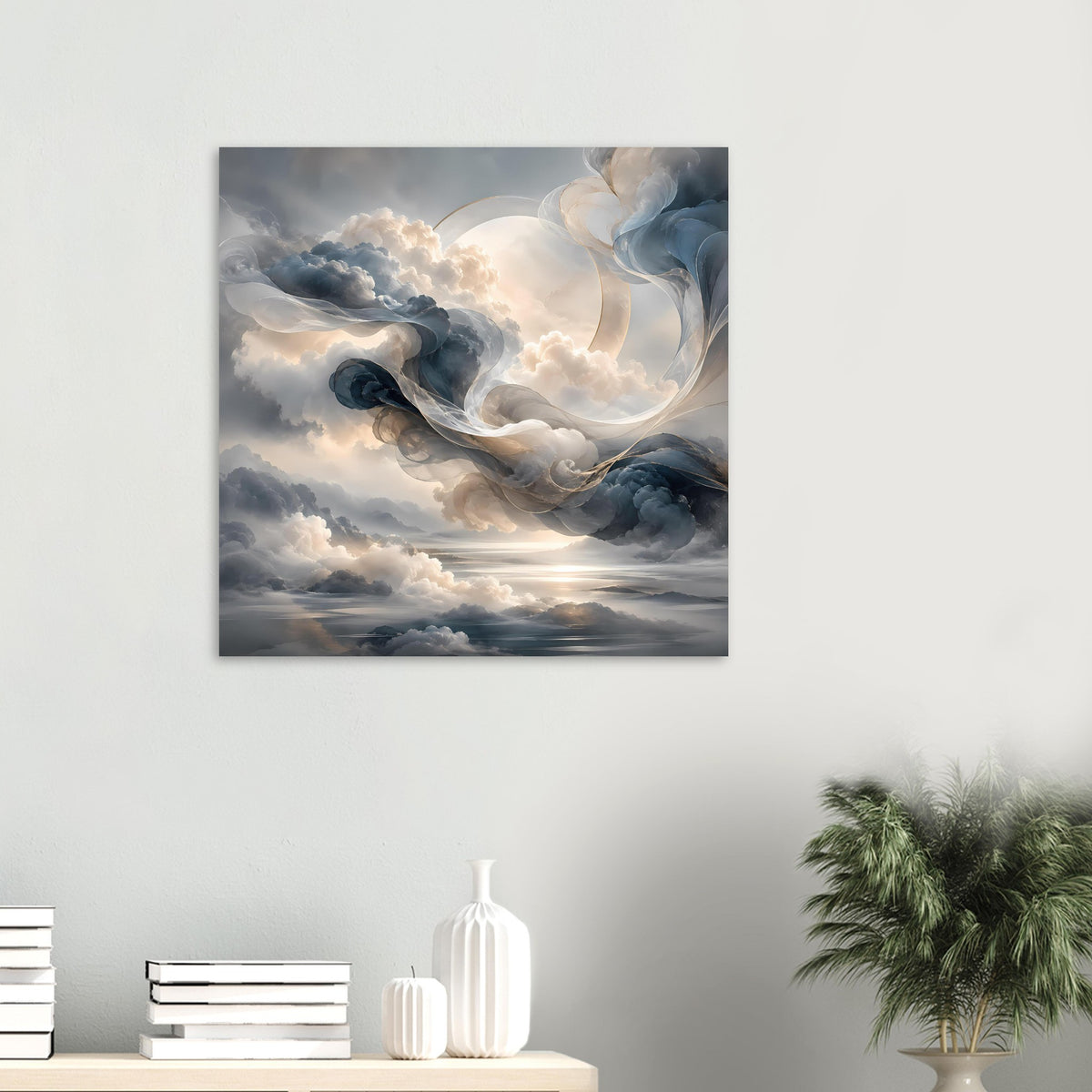 Quadratisches Poster mit abstraktem Himmel, Wolkenwirbeln und warmem Licht am Horizont
