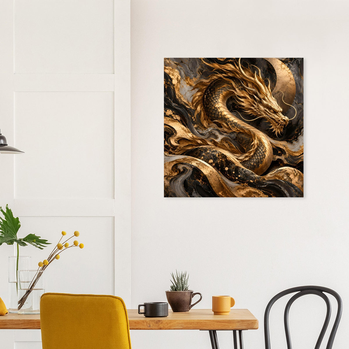 Fantasy-Poster: goldener Drache auf dunklem Grund, mittig im Raum platziert.