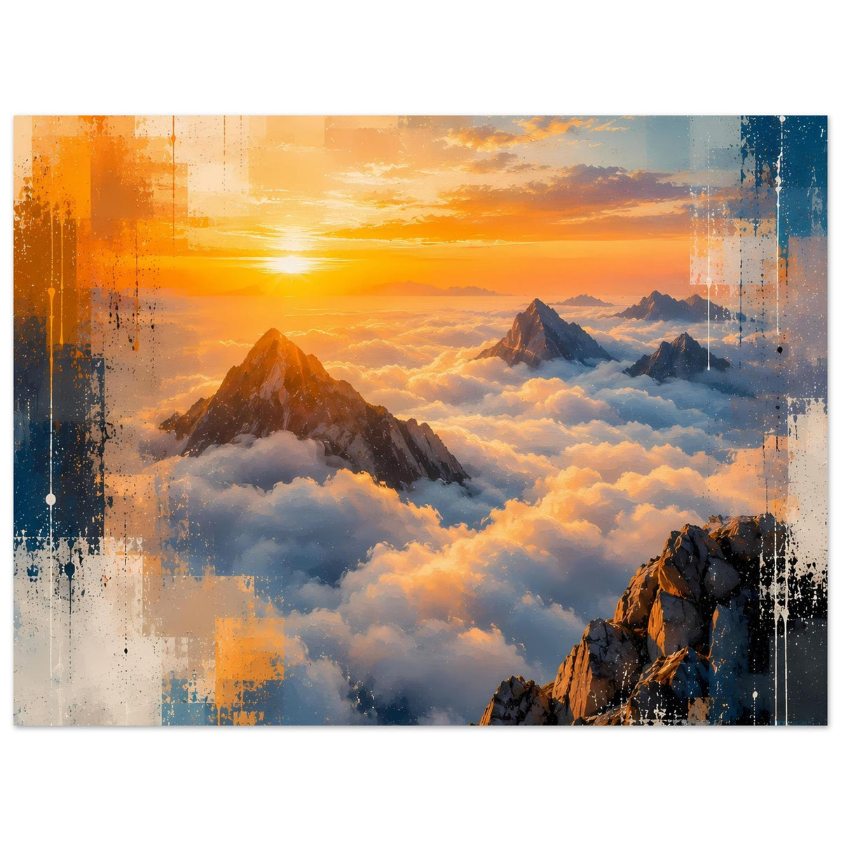 Poster mit Berggipfeln über Wolken, goldene Sonne am Horizont und abstrakten Farbstreifen