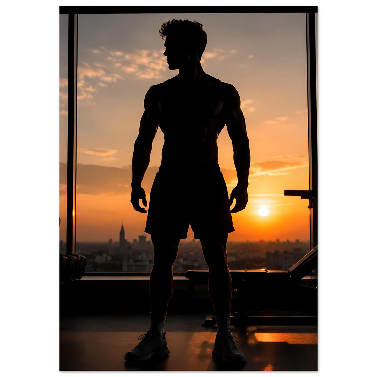 Fitness-Poster im Hochformat: Sportlersilhouette im Profil, dunkle Beine sichtbar