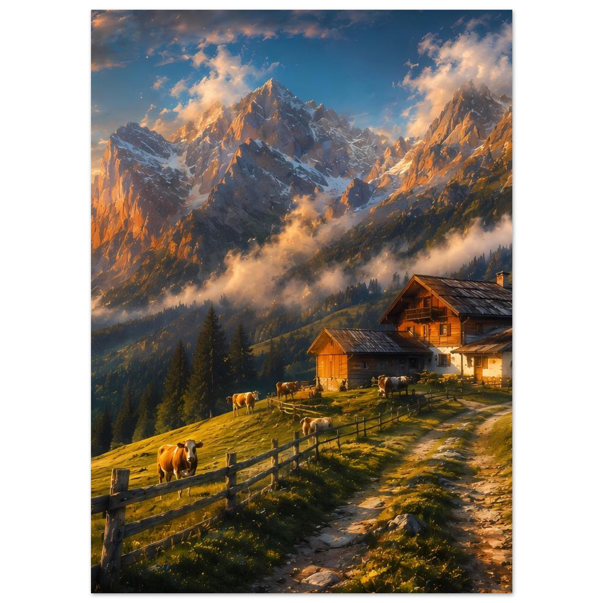 Poster mit Almhütte im Tal, Kühe auf der Weide, umgebende Berge und Abendhimmel