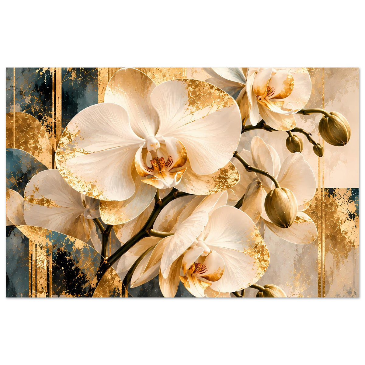 Orchideen-Poster mit weißen Blüten und goldenen Akzenten, abstrakte Hintergrundstruktur