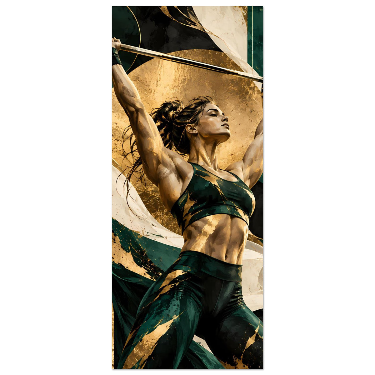 Kunstposter im Hochformat: Athletin im grünen Sportoutfit hebt Hantel über Kopf