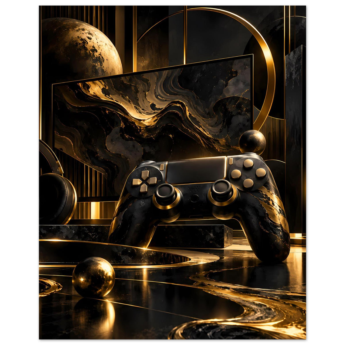 Gamingposter: Gamecontroller in Schwarz & Gold, abstrakte Kunst mit Planet im Hintergrund