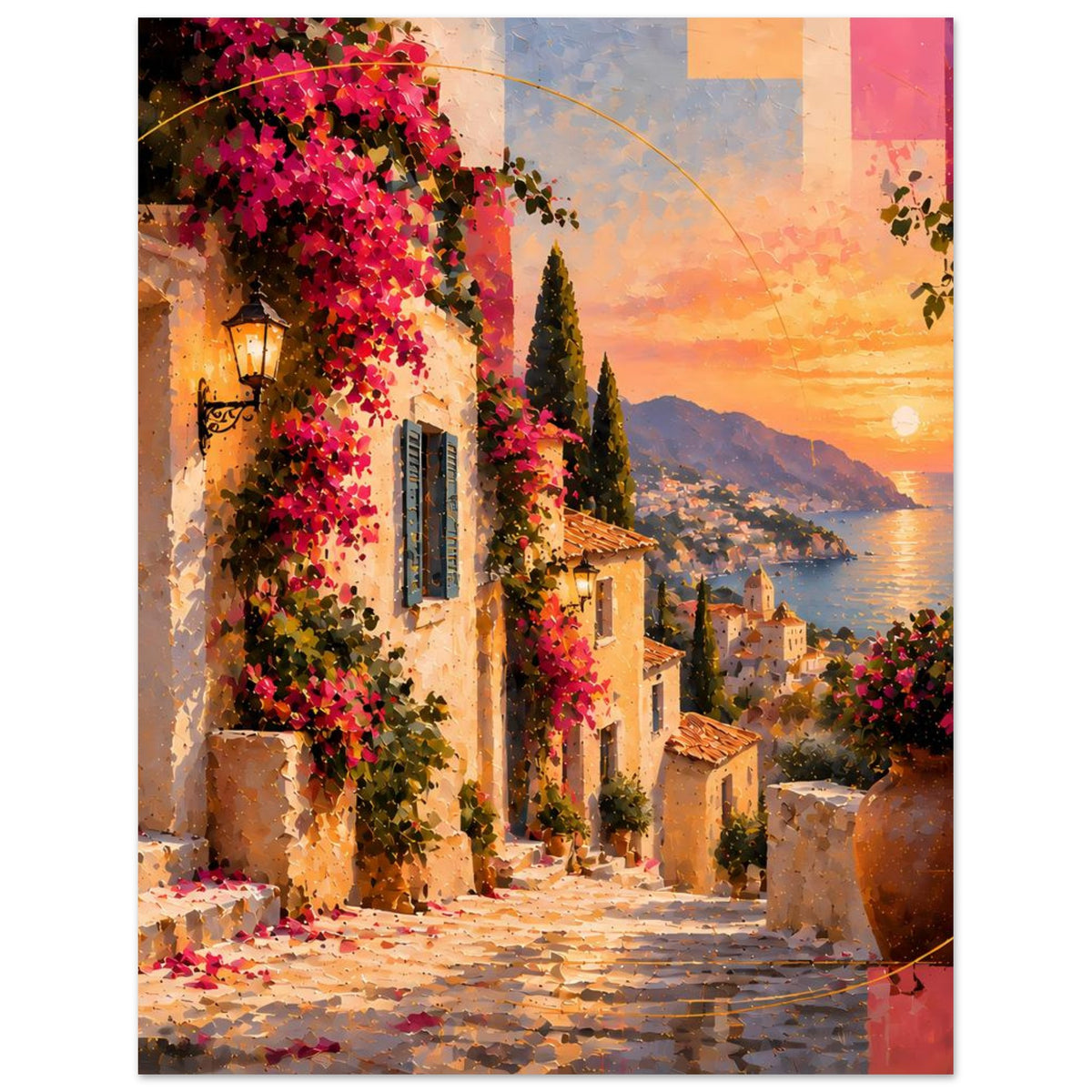 Poster im Hochformat, starke Farbflächen: mediterrane Gasse mit Blumenranken und Abendhimmel