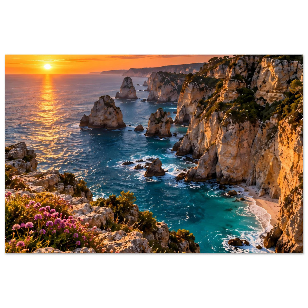 Horizontales Küstenposter mit Sonnenuntergang, türkisblauem Wasser, Felsklippen und Küstenvegetation