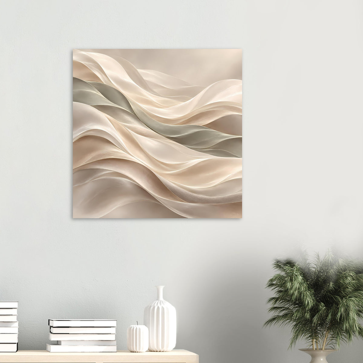 Quadratisches Poster mit abstrakten Stoffwellen in Creme- und Grautönen