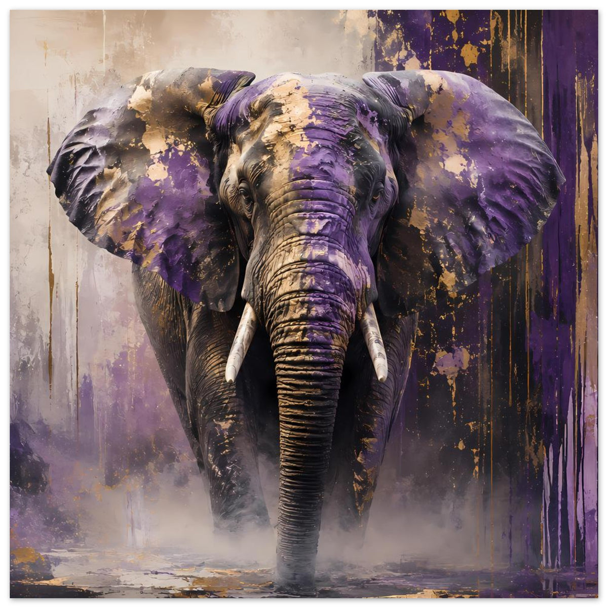 Abstraktes Elefantenposter: violetter Elefant mit goldenen Sprenkel-Highlights, Vorderansicht