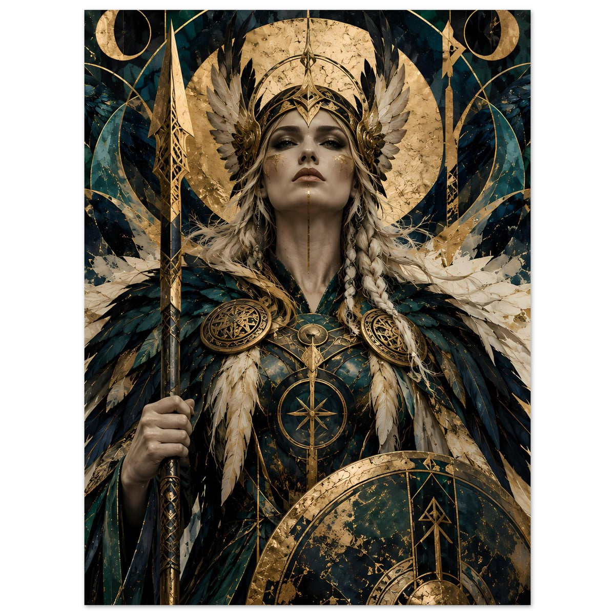 Mystisches Wikinger-Poster: Kriegerin mit Federkranz, Speer in der Hand und Schild in Petrol/Gold