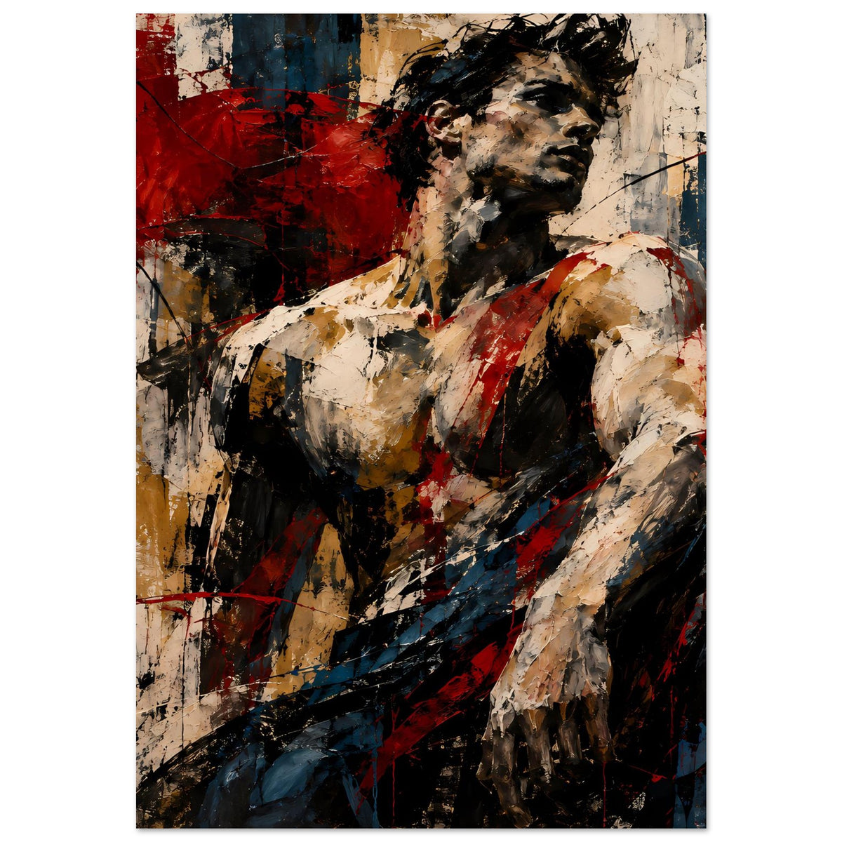 Abstraktes Muskelkunst-Poster mit Figur in Schwarz und Beige, Akzente in Rot und Blau
