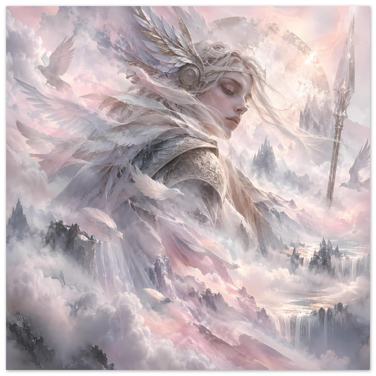 Horizontales Fantasy-Poster mit Walküre-Porträt, weißen Flügeln und Schwert
