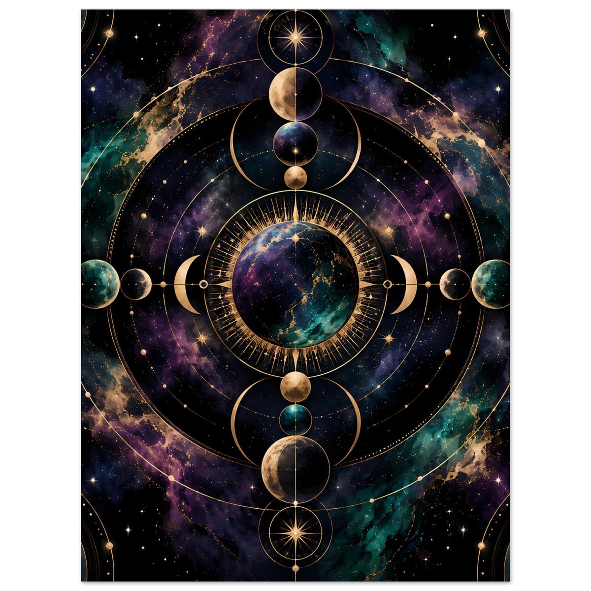 Poster mit kosmischem Mondphasen-Motiv in Goldlinien und farbigen Planetenscheiben