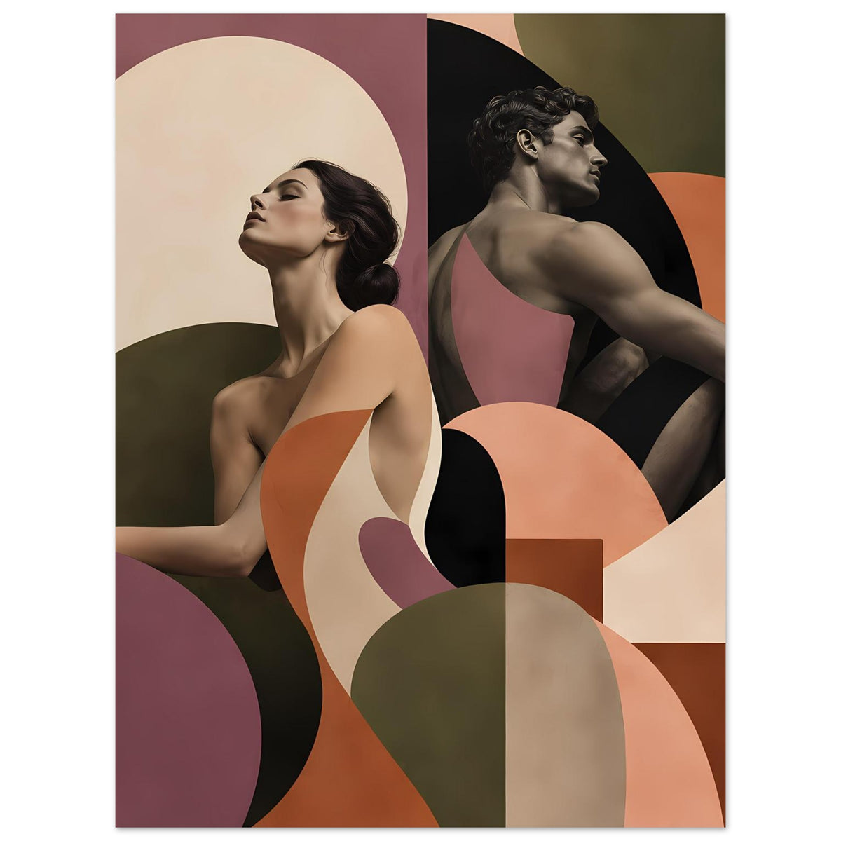 Figurenposter im Hochformat: zwei abstrakte weibliche Silhouetten in Mauve und Terrakotta.