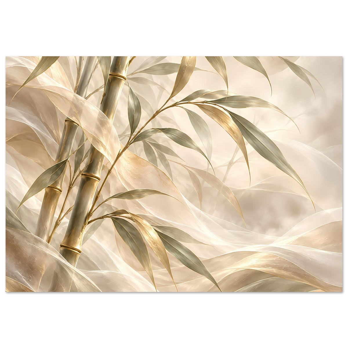 Bambus-Poster im Querformat: goldene Halme und Blätter auf elfenbeinfarbener Fläche